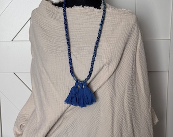 Repurposed blue fabric, blue tassel necklace