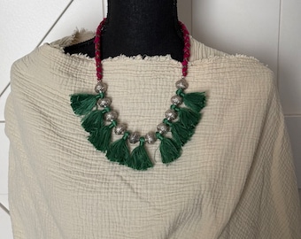 Repurposed vintage silk sari necklace with tassels and silver tone beads