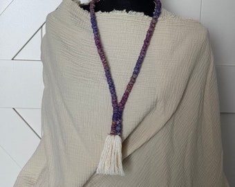 Repurposed purple fabric, cream tassel necklace