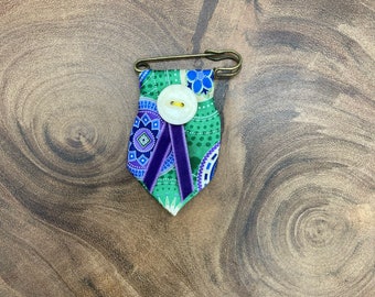 Repurposed green necktie lapel pin brooch