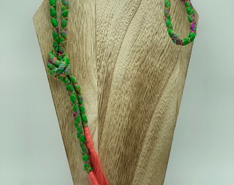 Big Bend Collection repurposed vibrant green silk lariat tassel statement necklace