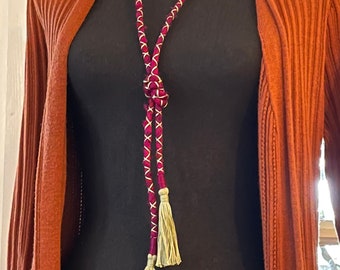 Big Bend Collection repurposed violet purple silk lariat tassel statement necklace