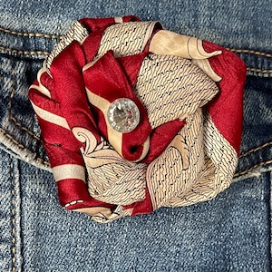 Red and patterned repurposed vintage necktie brooch/lapel pin/hat pin