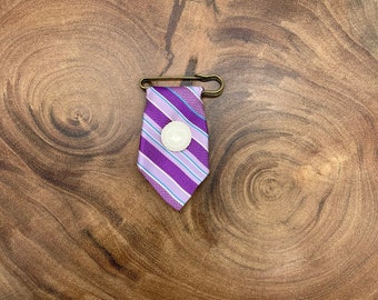Repurposed purple striped necktie lapel pin brooch