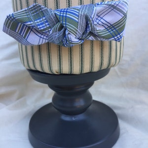 Green plaid repurposed necktie and elastic headband