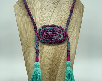 Purple, aqua, and pink repurposed vintage sari silk chinoiserie statement necklace