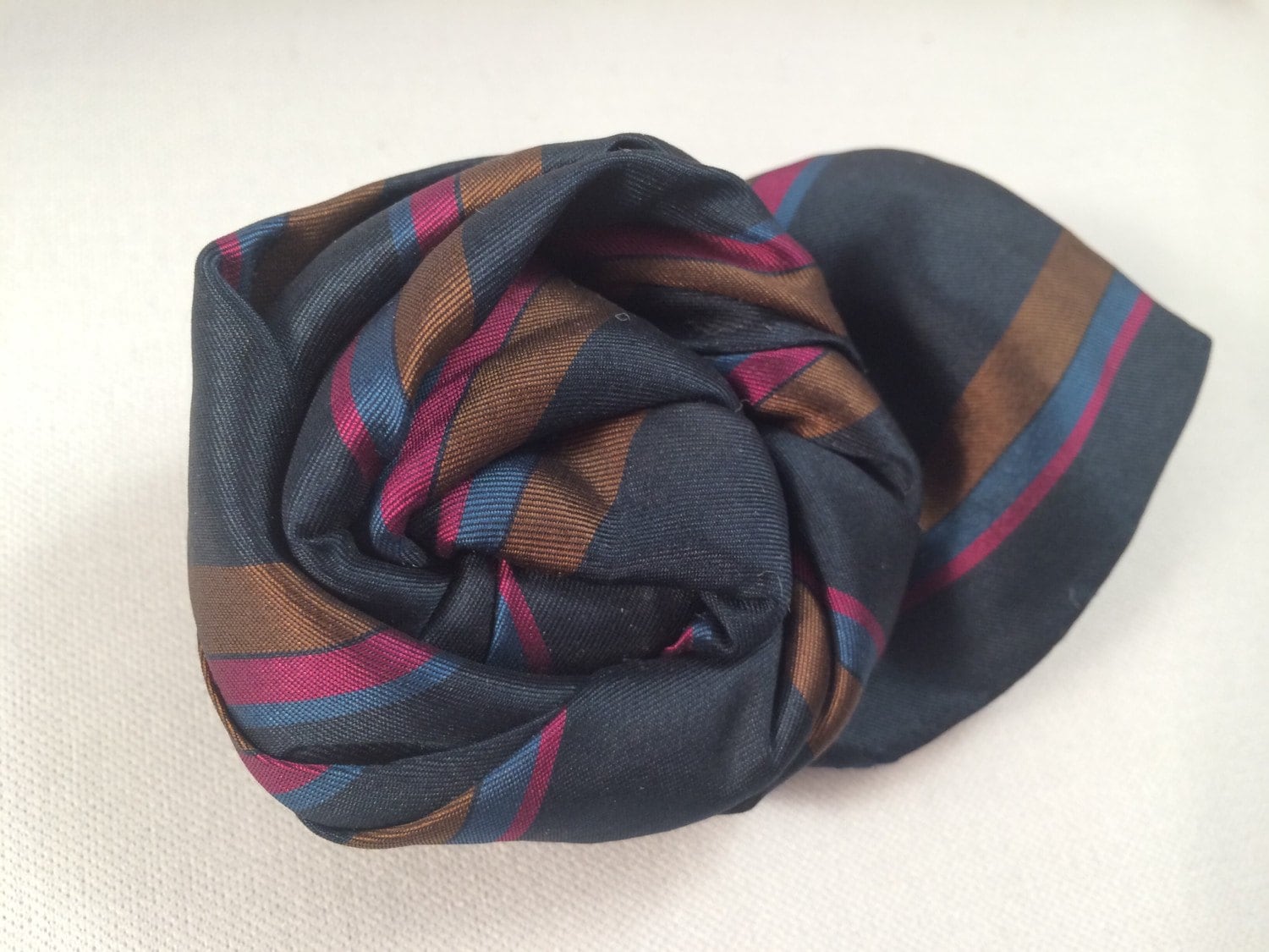 Upcycled Silk Necktie Belt, Navy Blue Stripes, Vintage Brooch, Wraparound Style These accessories are made from vintage silk ties and cords  main image 3