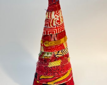 Repurposed kantha quilt fabric 10” tall wrapped tree Christmas decor holidays mantle decor