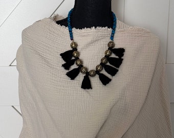 Repurposed vintage silk sari necklace with tassels and gold tone beads