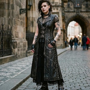 Könnte beinhalten: Eine Person trägt eine schwarze Lederweste mit silbernen Nieten und einen langen schwarzen Ledermantel. Das Outfit umfasst einen schwarzen Halsband, fingerlose Handschuhe und Plateaustiefel. Der Hintergrund ist eine Kopfsteinpflasterstraße mit einem Steinbogen.