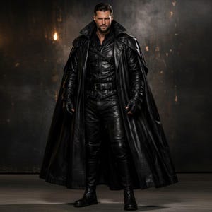 Könnte beinhalten: Ganzkörperaufnahme einer Person in einem schwarzen Ledermantel mit breitem Kragen und langem Umhang. Das Outfit umfasst ein passendes Lederhemd, eine Hose, Handschuhe und Stiefel. Der Mantel ist in der Taille gegürtet. Der Hintergrund ist eine dunkle, strukturierte Wand.