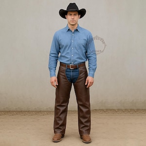 Könnte beinhalten: Eine Person trägt einen schwarzen Cowboyhut, ein blaues Jeanshemd, braune Lederchaps und braune Stiefel. Die Chaps bedecken die Vorderseite der Jeans, und der Gürtel ist sichtbar. Die Person steht vor einem neutralen Hintergrund.