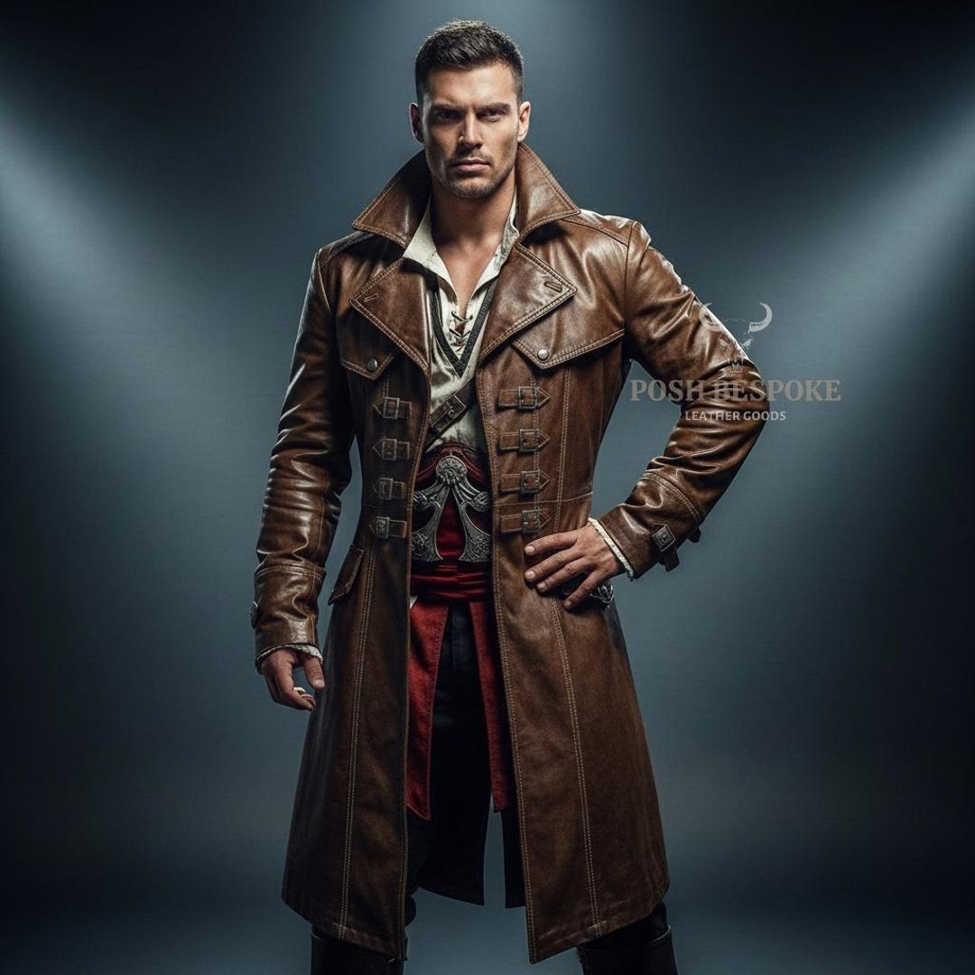 Handmade Brown Genuine Leather Trench Coat | Custom Pirate Style