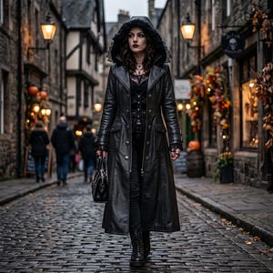 May include: A long black hooded leather coat with a front zipper and button closures, worn over a black lace-trimmed top. The coat features structured shoulders, long sleeves with buckled cuffs, and two front pockets, paired with black boots and a handbag.