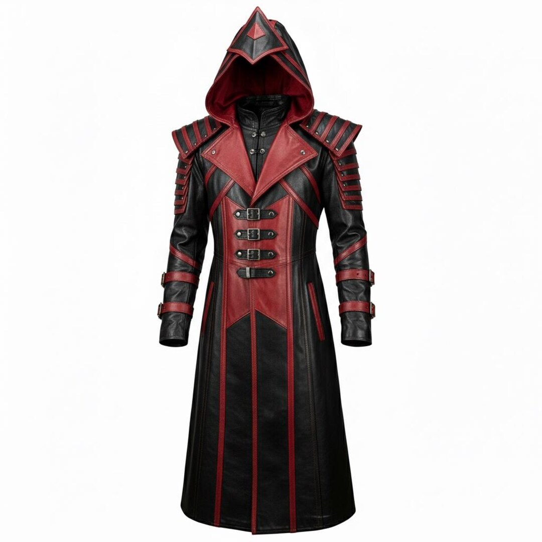 Medieval Assassin Hooded Leather Trench Coat, Black & Red Genuine ...