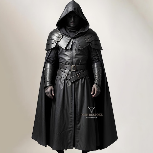100% Black Leather Medieval Cloak Armor - Hooded Cloak Costume For Cosplay - Medieval Armor LARP Festival Outfit - Leather Knight Armor