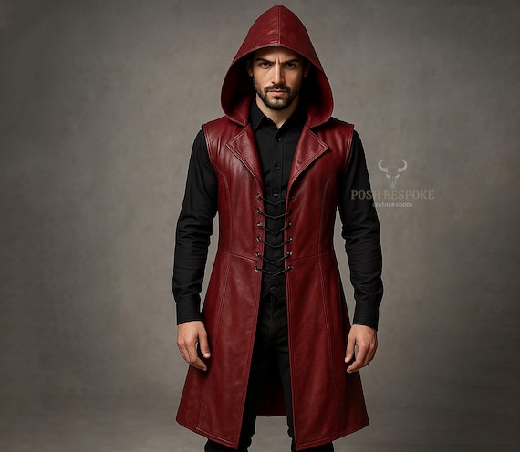 Casaco masculino personalizado de couro vermelho steampunk sem