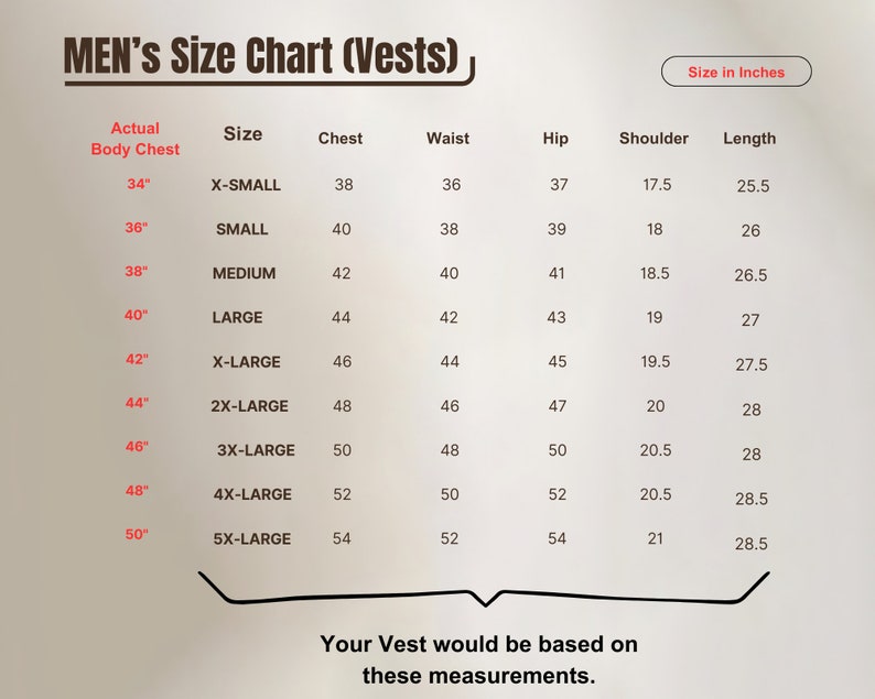 Op de afbeelding: Een maattabel voor vesten, metingen in inches. De tabel bevat maten van X-Small tot 5X-Large, met details over borst, taille, heup, schouder en lengte. De tekst "Your Vest would be based on these measurements" staat onderaan.