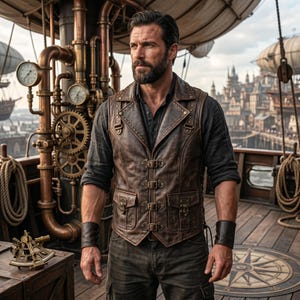 Könnte beinhalten: Eine braune Lederweste mit Messingnieten und Taschen, getragen über einem dunklen Hemd. Das Bild spielt in einer von Steampunk inspirierten Szene mit Zahnrädern, Rohren und einer Stadtlandschaft im Hintergrund. Die Weste hat eine Vintage- und robuste Ästhetik.