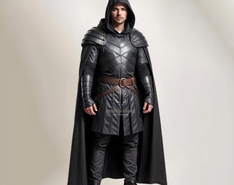 100% Genuine Black Leather Medieval Cloak Armor - Hooded Cloak Costume For Cosplay - Medieval Armor LARP Festival Outfit - Leather Armor