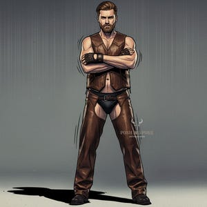 May include: Illustration of a person wearing a brown leather vest, chaps, and black underwear. The person has their arms crossed and is wearing black gloves. The background is a gradient of gray.