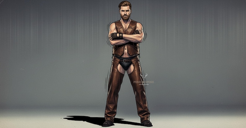 May include: Illustration of a person wearing a brown leather vest, chaps, and black underwear. The person has their arms crossed and is wearing black gloves. The background is a gradient of gray.