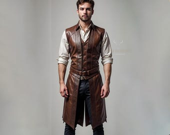 Op maat gemaakt bruin leren cosplay lang vest voor mannen | Bruin leren Duster-vest voor heren | Mouwloze lange jas | Op maat gemaakt bruin leren kostuumvest