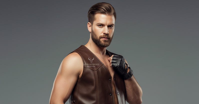 May include: A brown leather vest with a decorative emblem and a pair of black leather gloves. The vest is sleeveless and has a classic design. The gloves are fingerless. The image is set against a gray background.