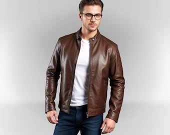 Handmade Genuine Brown Leather Jacket For Men - Real Leather Biker Jacket Men - Brown Leather Jacket - Size Customizable Jacket