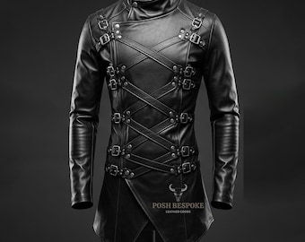 May include: A black leather jacket with a high collar and long sleeves. The jacket has multiple straps with buckles across the chest and an asymmetrical hemline. The text "POSH BESPOKE LEATHER GOODS" is printed on the lower right side.