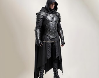 100% Handmade Black Leather Medieval Cloak Armor - Hooded Cloak Costume For Cosplay - Medieval Armor LARP Festival Outfit - Leather Armor