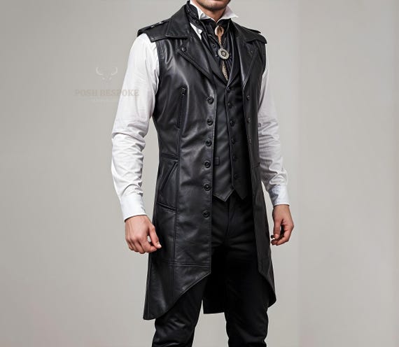 Custom Black Leather Cosplay Long Vest for Men | Men's Leather Duster Vest | Gothic Leather Vest | Custom Leather Costume Vest