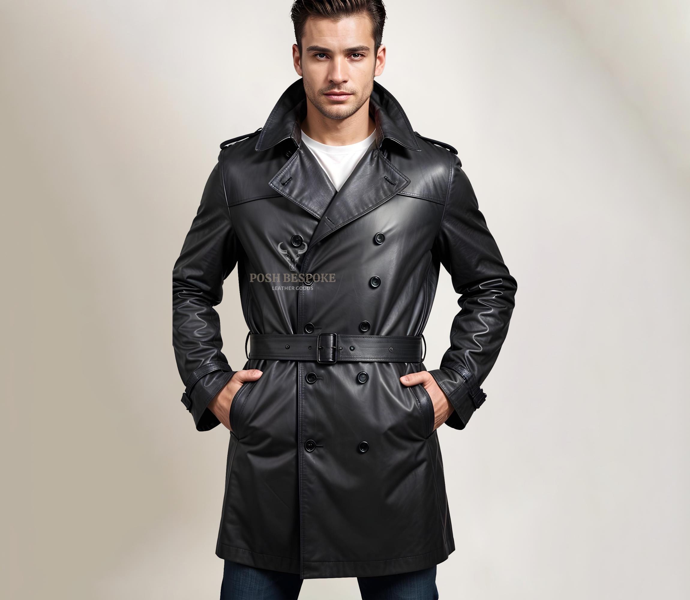 ジャケット・アウター RYKIEL HOMME - REAL LEATHER LONG COAT 100% Real Black Leather Long Coat for Men - Genuine Leather Trench
