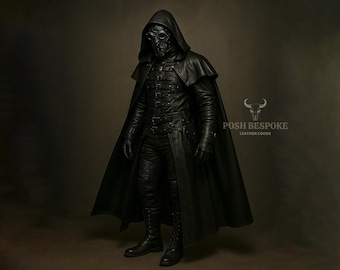 Gothic Plague Doctor Trench Coat | Black Leather Hooded Cloak | Steampunk Renaissance Costume | Custom Fit Long Cape Jacket