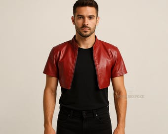 Red Leather Cropped Bolero Jacket for Men | Short Sleeve Leather Shrug | Handmade Real Leather Minimalist Jacket | Cosplay & Streetwear