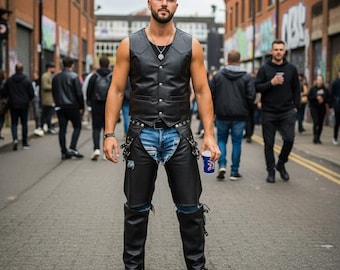 Sleek Black Pelt Vest & Chaps Set | Genuine Cowhide Streetwear | Edgy Festival Gift for Him