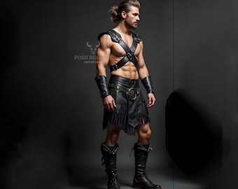 Kilt e arreios de gladiador feitos à mão em couro preto para homens | Kilt escocês de couro e arreios de gladiador | Kilt de couro masculino
