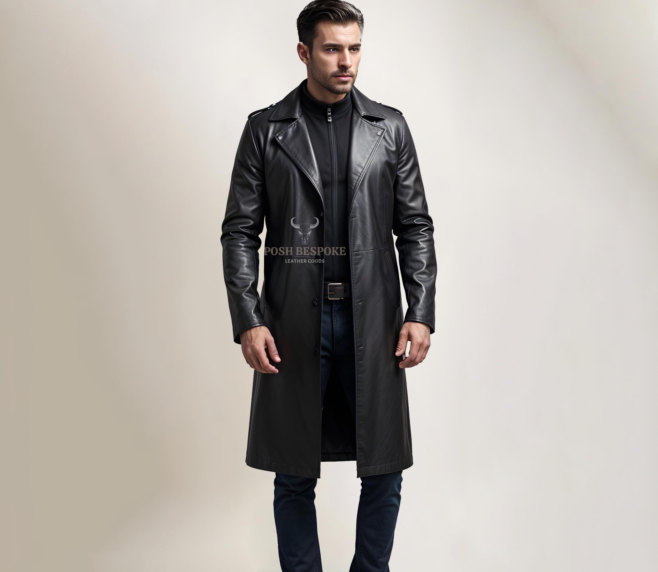 100% Real Black Leather Long Coat for Men - Handmade Leather