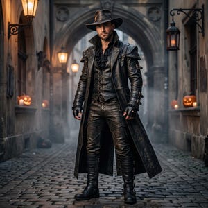 May include: A black leather duster coat worn over a matching vest and trousers, paired with a wide-brimmed hat, fingerless gloves, and buckled boots. The ensemble features multiple straps, buckles, and a ruffled shirt collar, creating a dark, layered look.