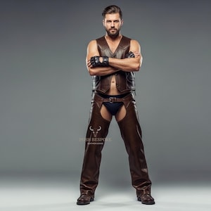 May include: A brown leather vest and chaps outfit. The vest has a V-neck and the chaps are open in the front. The outfit is worn with black gloves and boots. The model is standing with arms crossed.