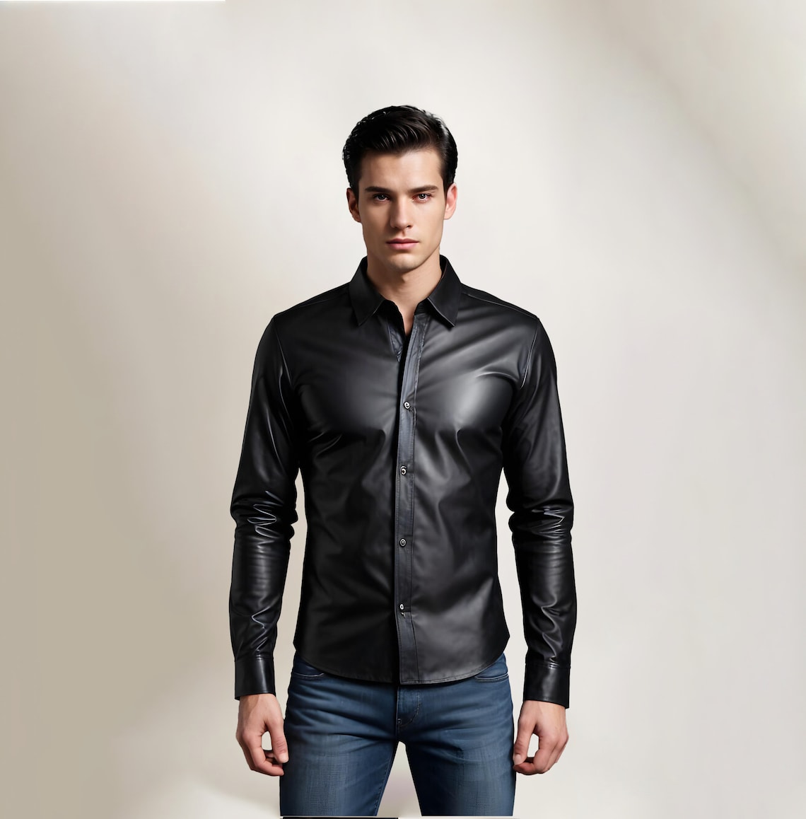 Style Slim Fit Casual Black Leather Shirt main image 1