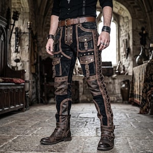 Könnte beinhalten: Schwarze und braune Lederhose mit mehreren Cargotaschen mit Messingschnallen, einem braunen Ledergürtel und seitlichen Schnürdetails. Die Hose verfügt über verstärkte Nähte, Metallösen und wird mit braunen Lederstiefeln kombiniert.
