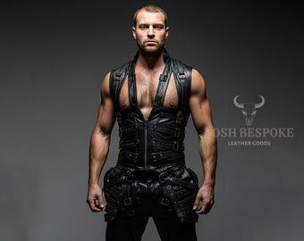 Op maat gemaakt heren gothic zwart leren vest | Gesp harnas vest | Fetish Festival Clubwear | Handgemaakt echt leer