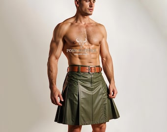 May include: A green leather kilt with a brown leather belt. The kilt is pleated and has a simple design. The belt has a silver buckle.