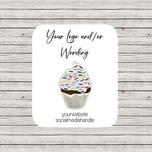 May include: White card with a cupcake graphic and the text "Your Logo and/or Wording" and "yourwebsite socialmedia handle".