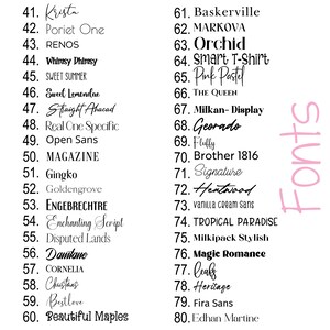 May include: A list of 80 different font names, numbered from 41 to 80. The list is titled "Fonts" in pink lettering.