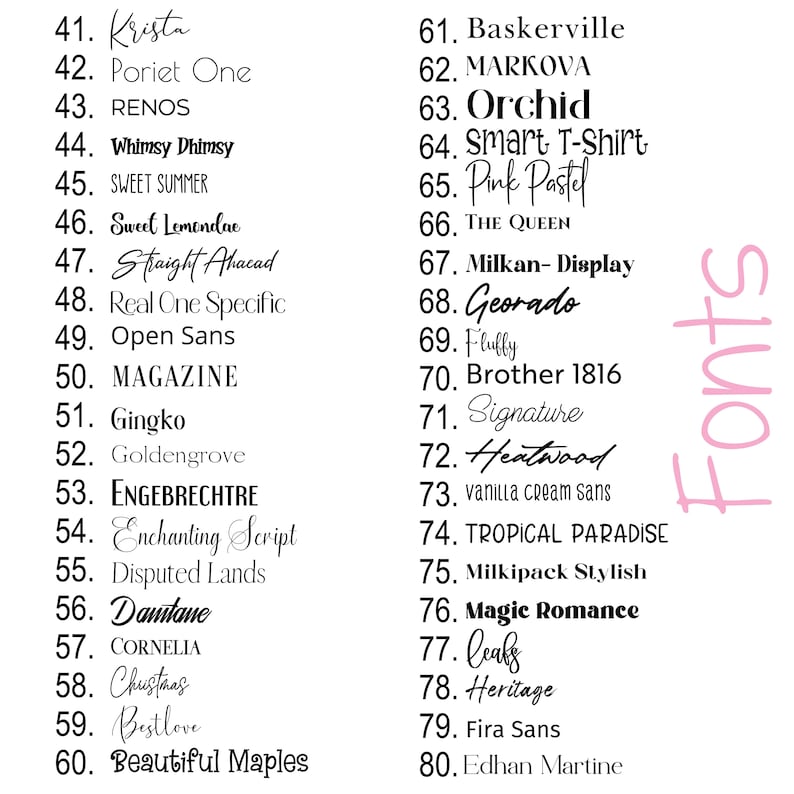 May include: A list of 80 different font names, numbered from 41 to 80. The list is titled "Fonts" in pink lettering.