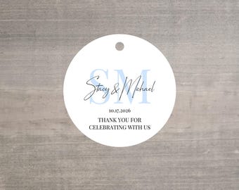 Printed & Script Monogramed Round or Square Hang Tags- Wedding Favor Tags, Your Wording, Various Sizes, One Sided or Double Sided