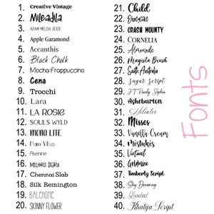 May include: A list of 40 different font names, written in cursive script, with each font name numbered sequentially from 1 to 40. The list is titled "Fonts" in pink cursive script.