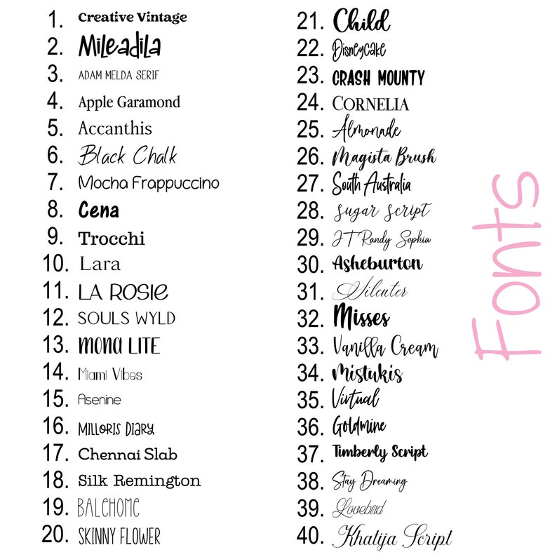 May include: A list of 40 different font names, written in cursive script, with each font name numbered sequentially from 1 to 40. The list is titled "Fonts" in pink cursive script.